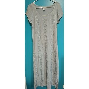 Vintage 1990s Sz Small Embroidered Maxi Dress Blue Sky Floral Tie Back Summer